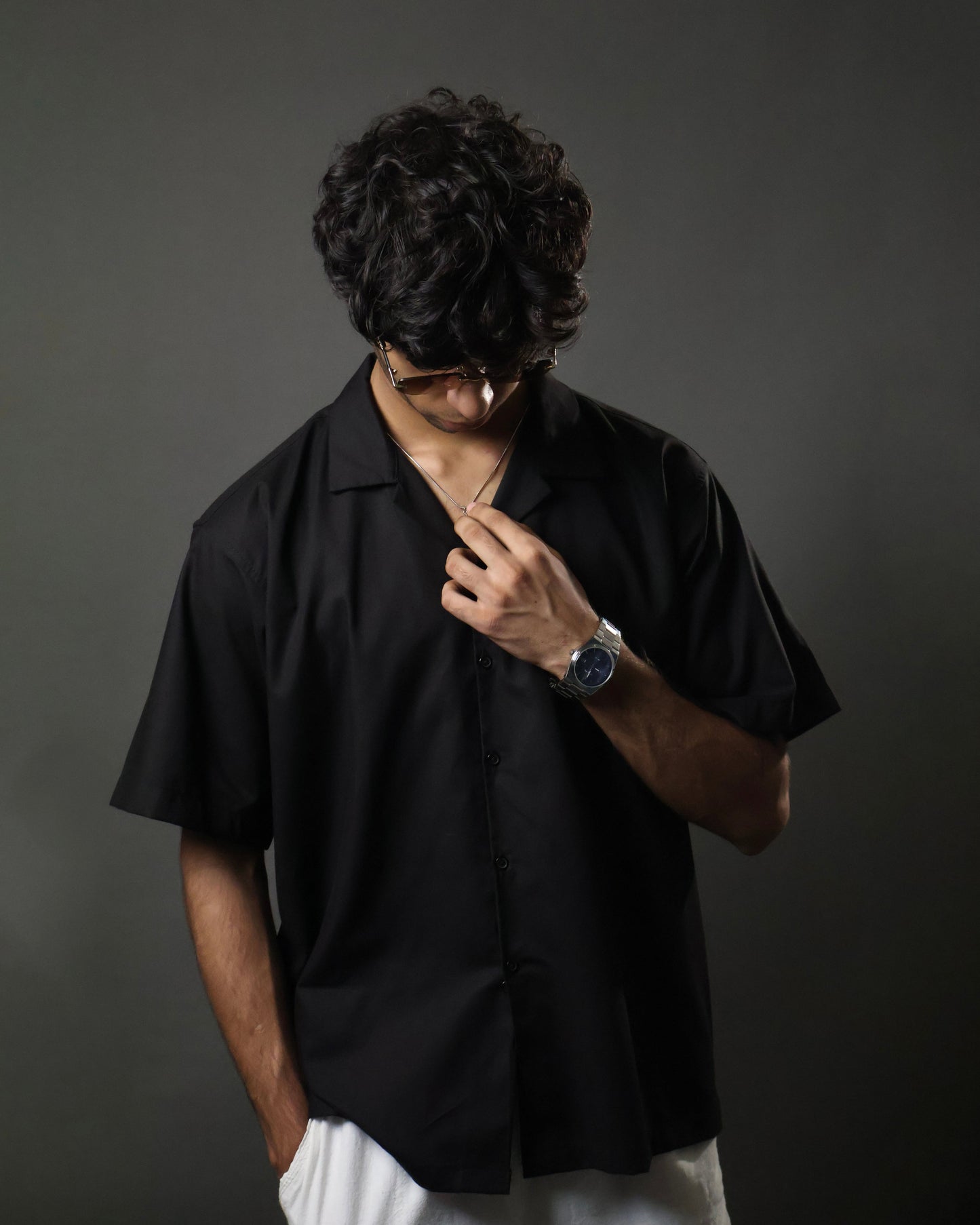 Black Camp Collar Cropped Shirt