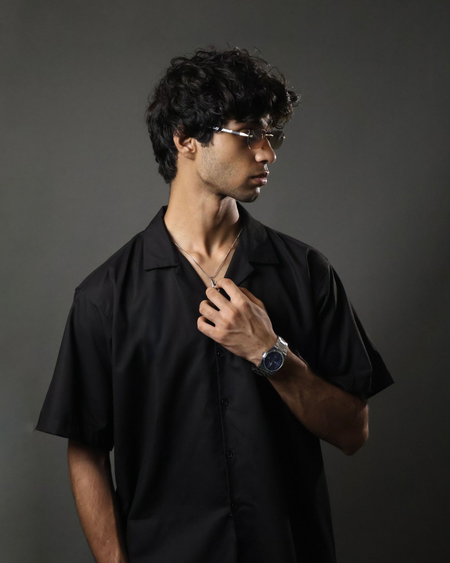 Black Camp Collar Cropped Shirt