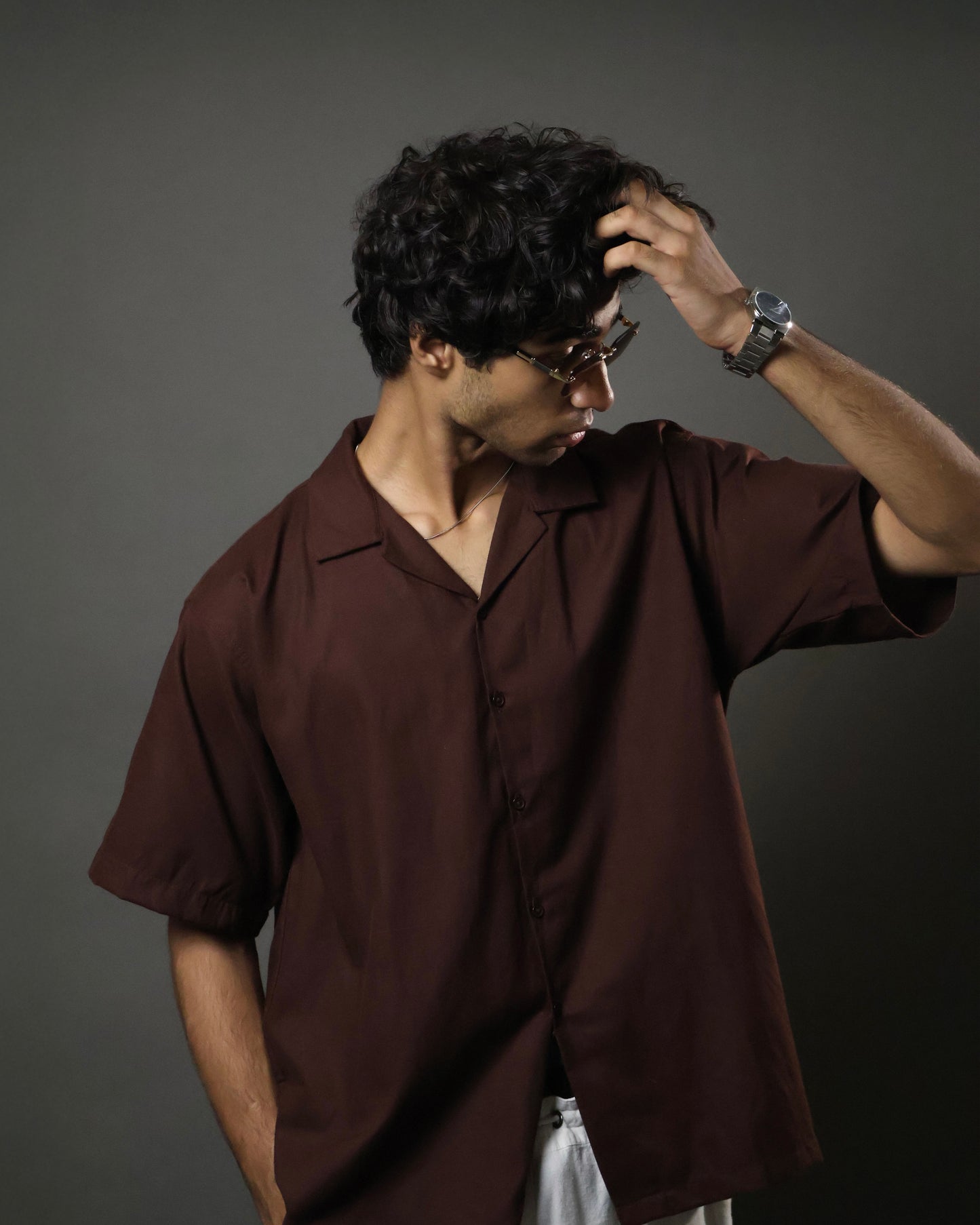 Brown Camp Collar Cropped Shirt