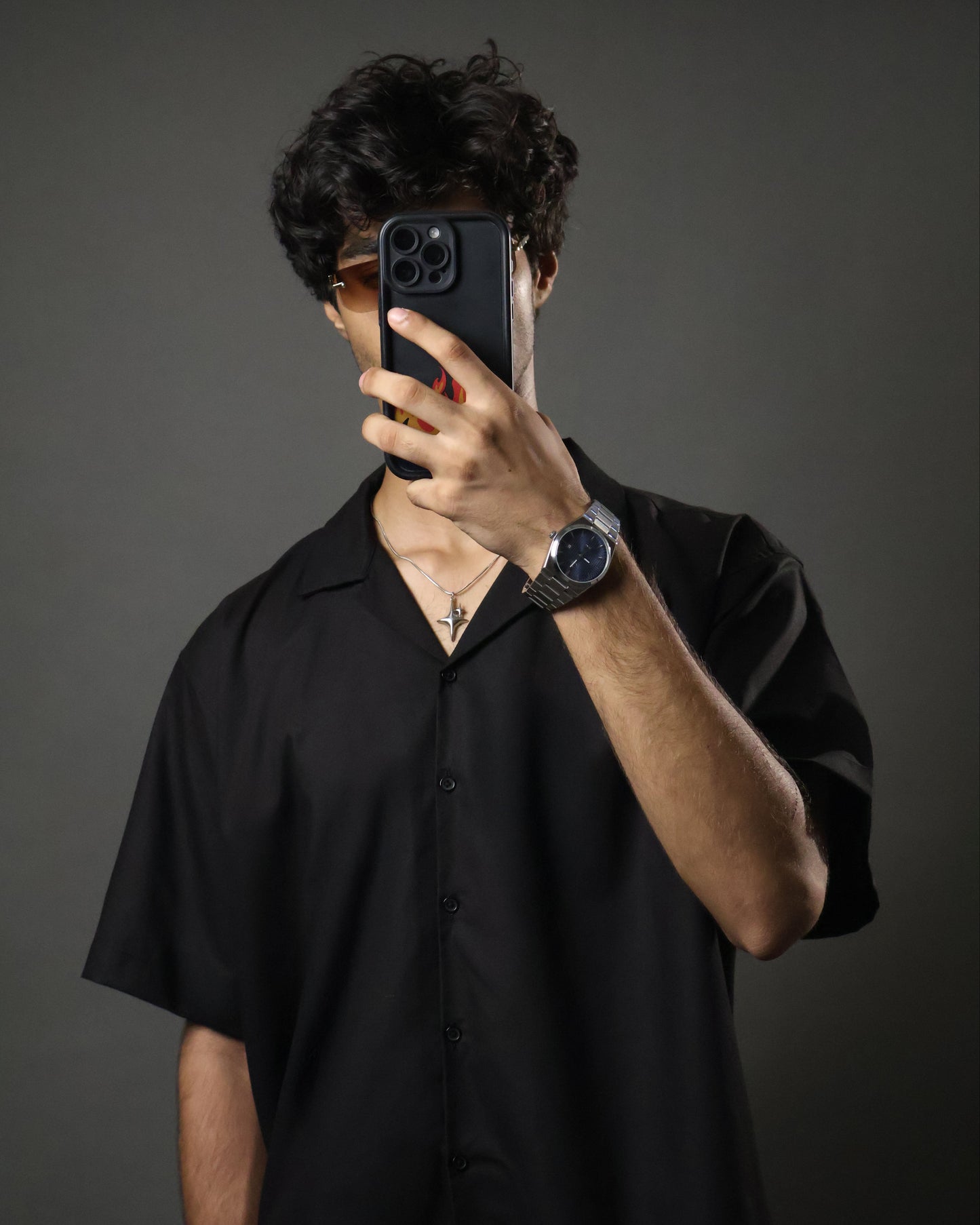 Black Camp Collar Cropped Shirt