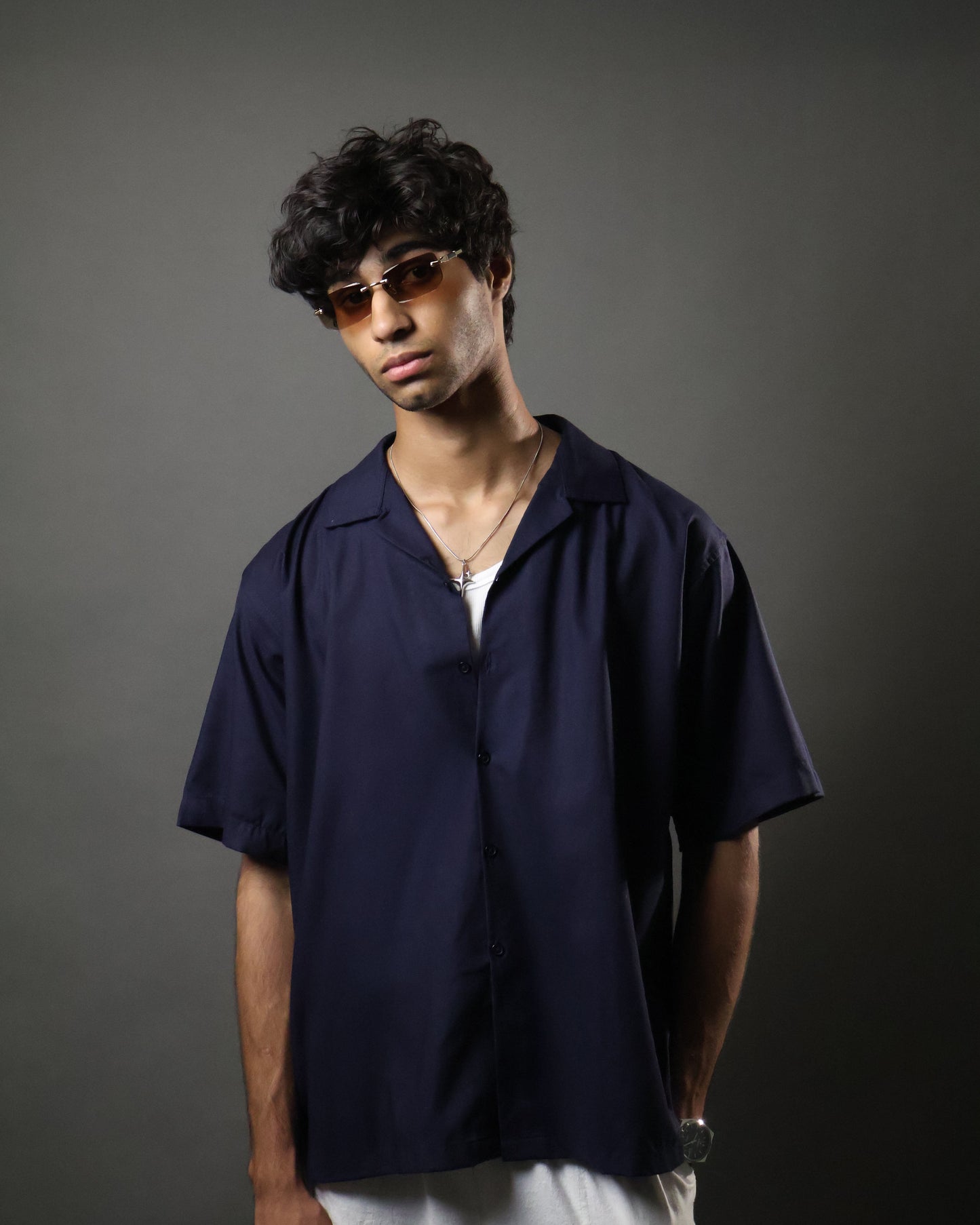 Navy Camp Collar Cropped Shirt