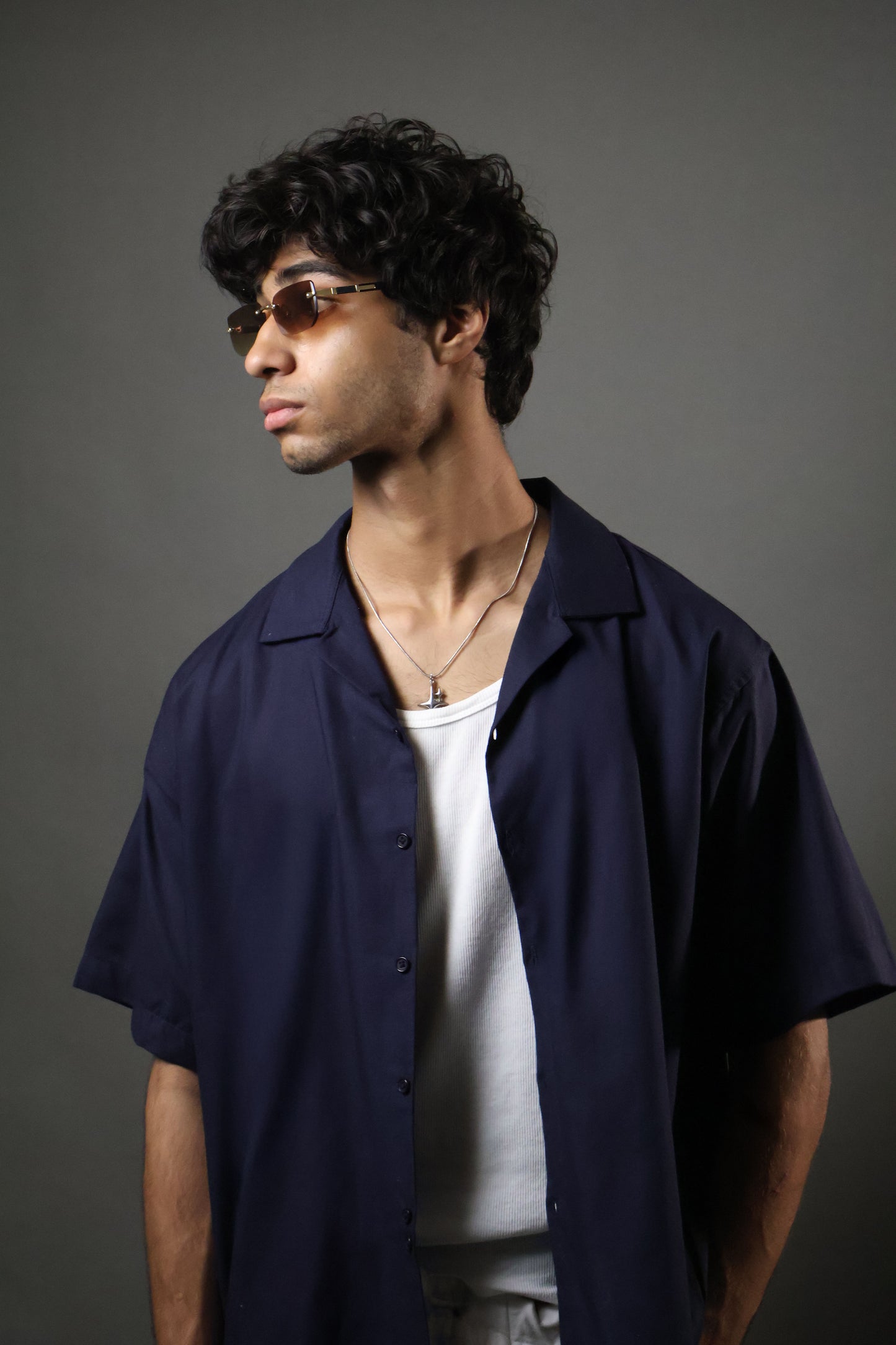 Navy Camp Collar Cropped Shirt