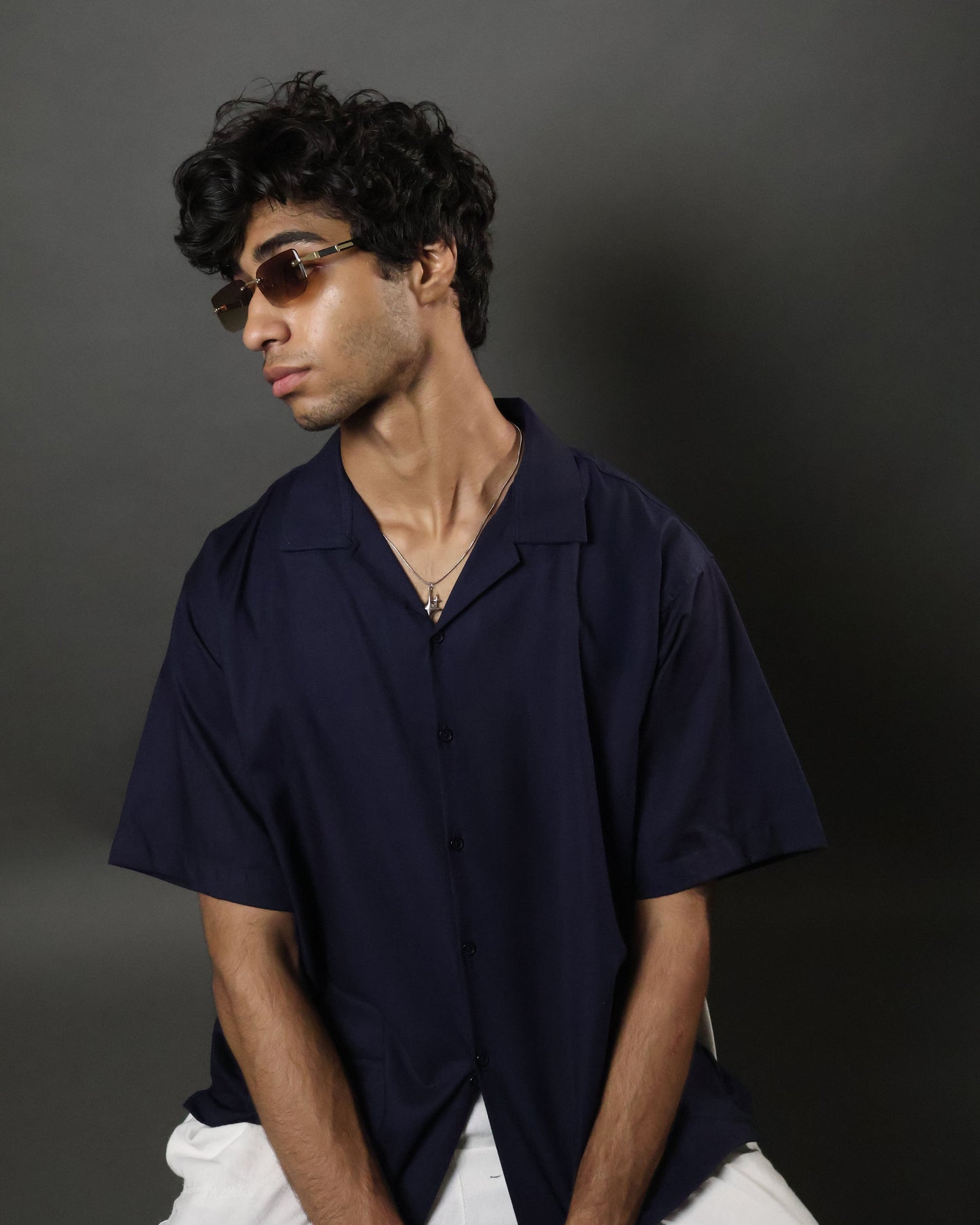 Navy Camp Collar Cropped Shirt
