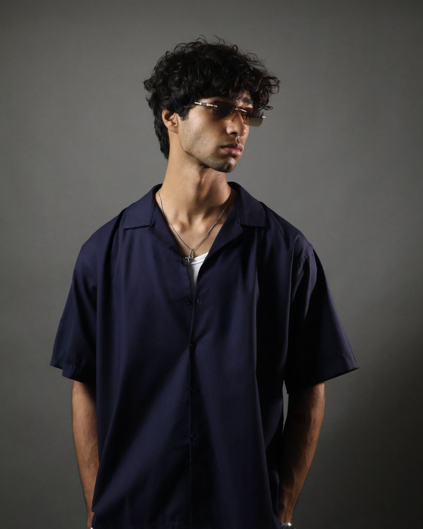 Navy Camp Collar Cropped Shirt