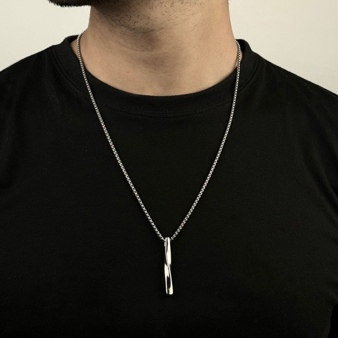 Silver Twisted Cuban Vertical Bar Stainless Steel Pendant