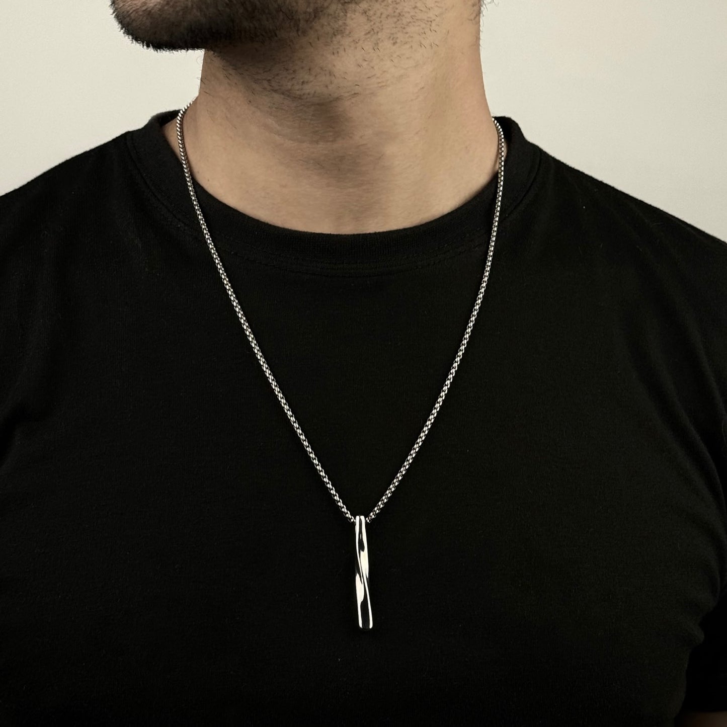Silver Twisted Cuban Vertical Bar Stainless Steel Pendant