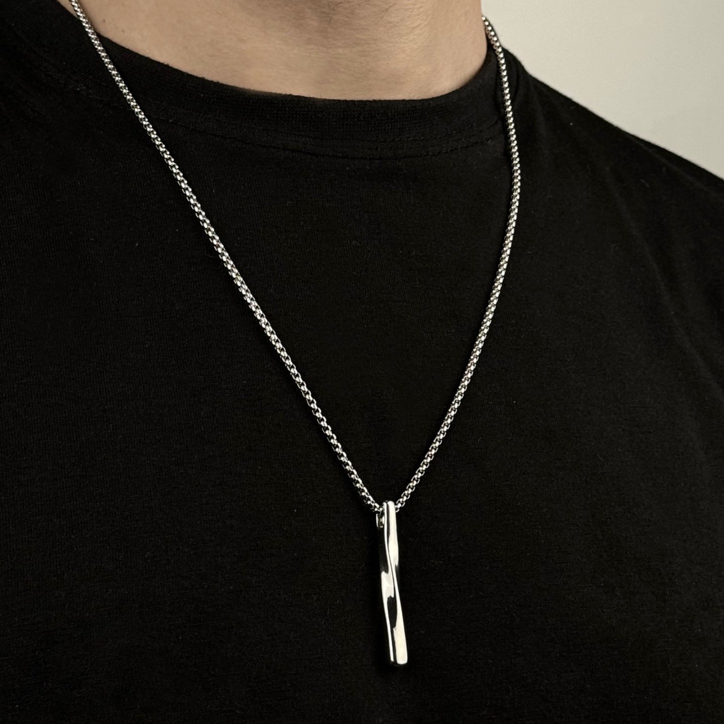 Silver Twisted Cuban Vertical Bar Stainless Steel Pendant
