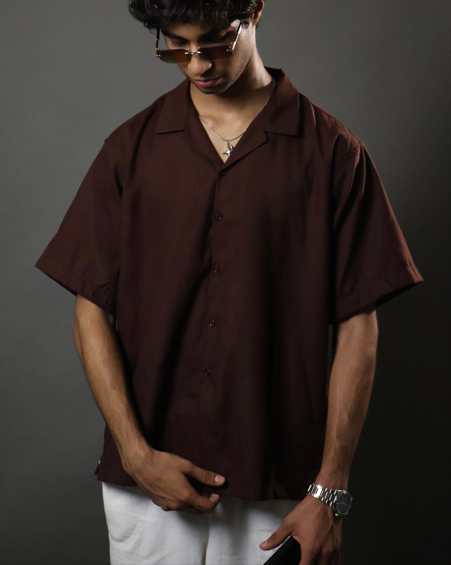 Brown Camp Collar Cropped Shirt