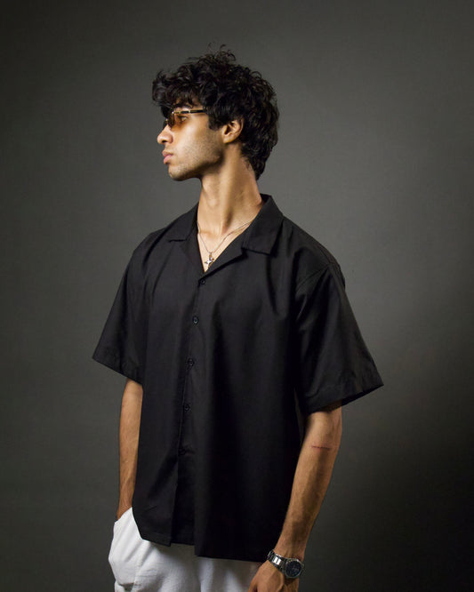 Black Camp Collar Cropped Shirt