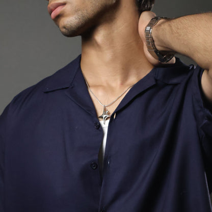 Navy Camp Collar Cropped Shirt